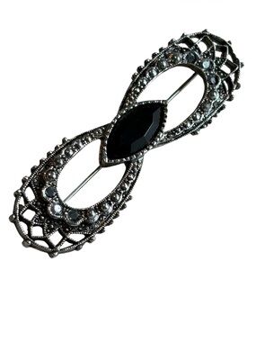 Vintage Silver Tone Art Deco Style Infinity Brooch Black Marquise Rhinestone